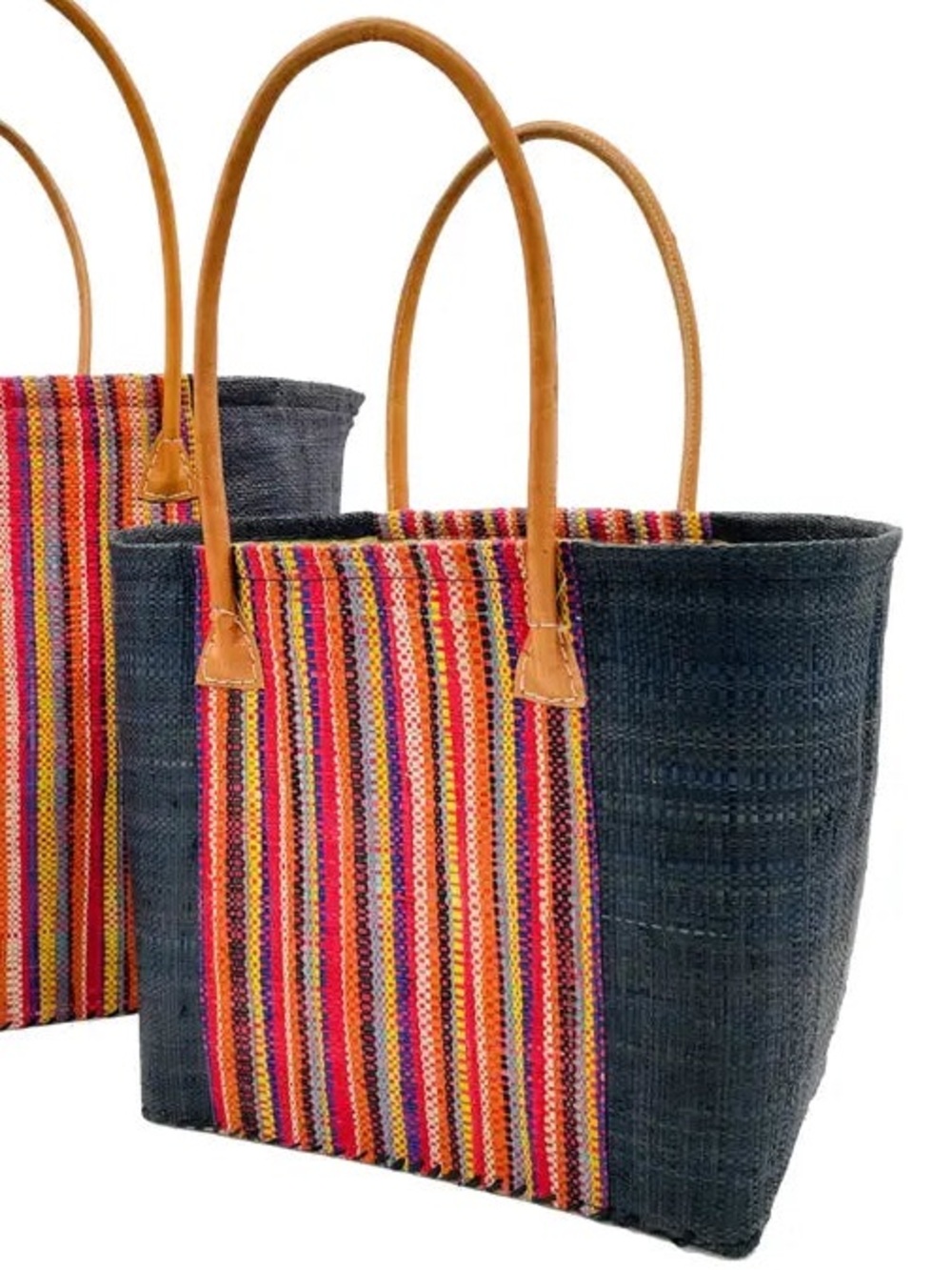 New Tasmania Two Tone Melange Striped Multicolor Straw Bag with Leather Handles